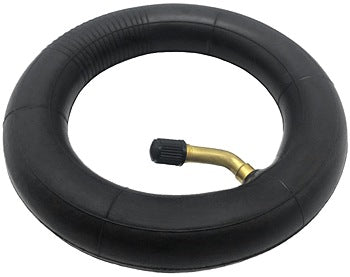 Black inner tube with a gold and black valve on a white background