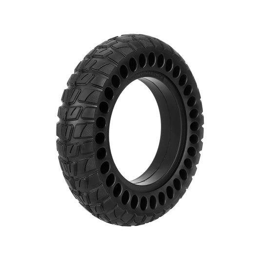 Black tire with unique tread pattern on a white background