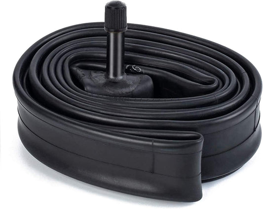 Coiled bicycle inner tube with valve on a white background