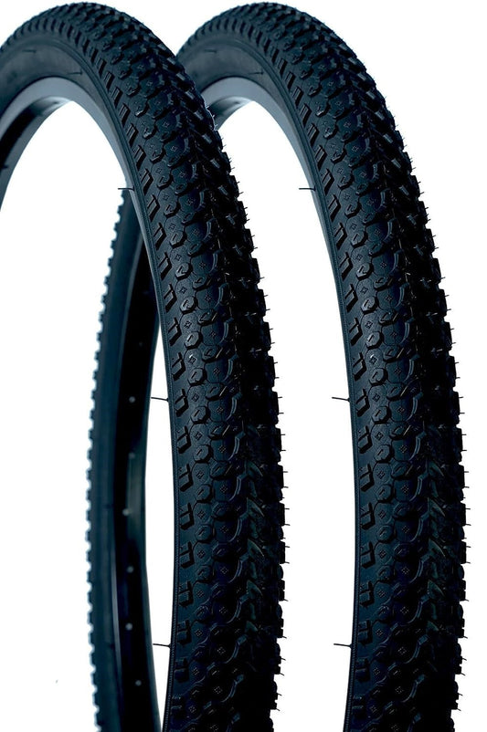 Two black bicycle tires with tread pattern on a white background