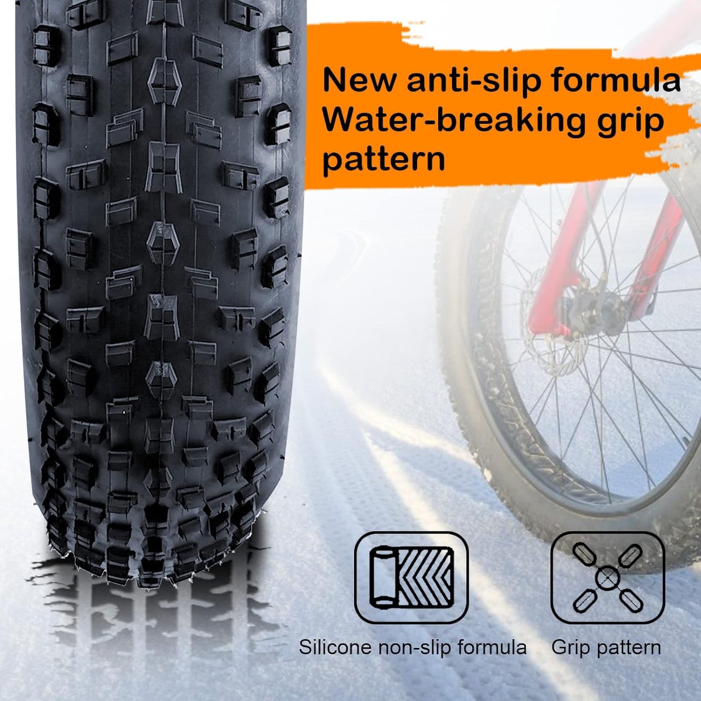 Bicycle tire with anti-slip formula and water-breaking grip pattern on a snowy background