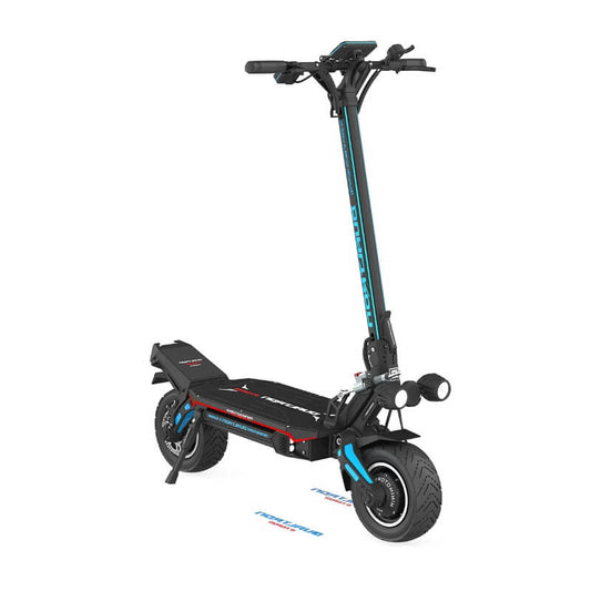 Black electric scooter with blue accents on a white background