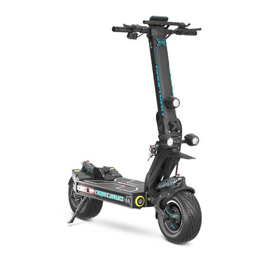 Black electric scooter with visible branding on a white background