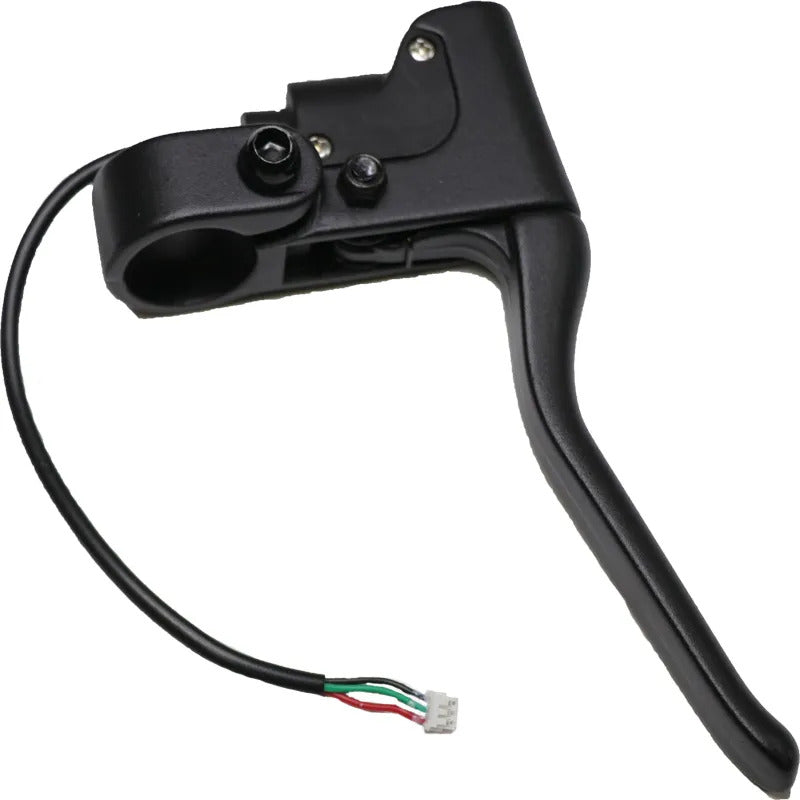 Black motorcycle brake lever with wiring on a white background