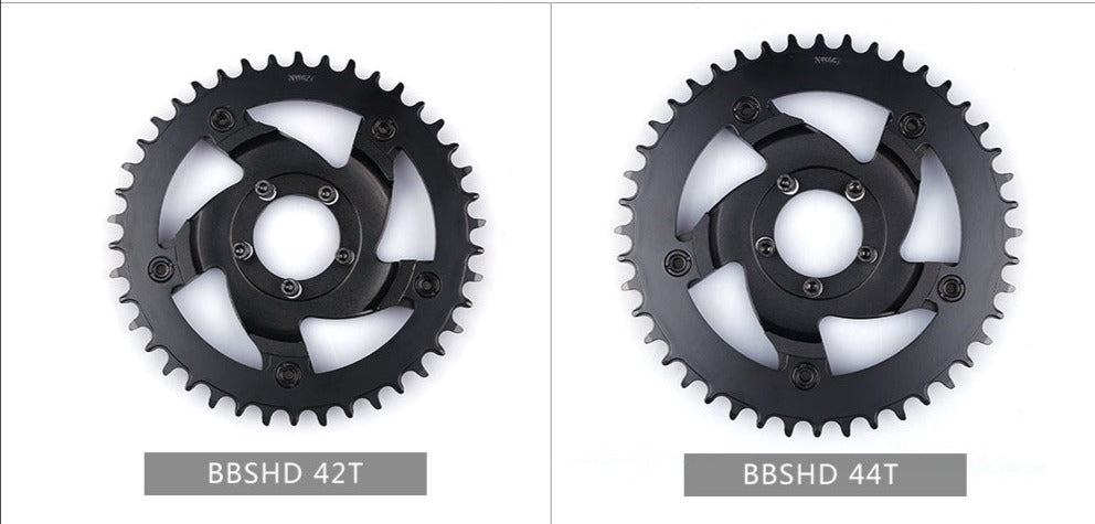 Two bicycle chain sprockets labeled BBSHD 42T and BBSHD 44T on a white background.