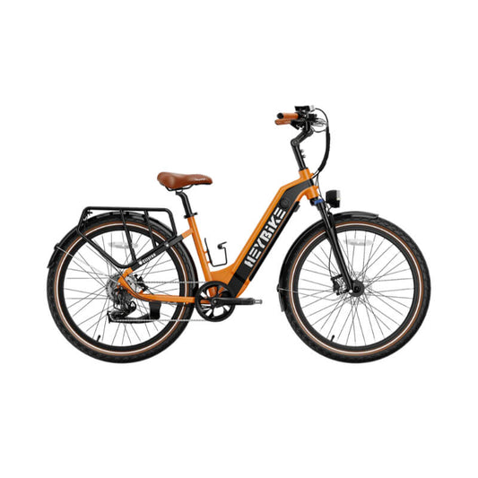Orange electric bike with black frame on a white background