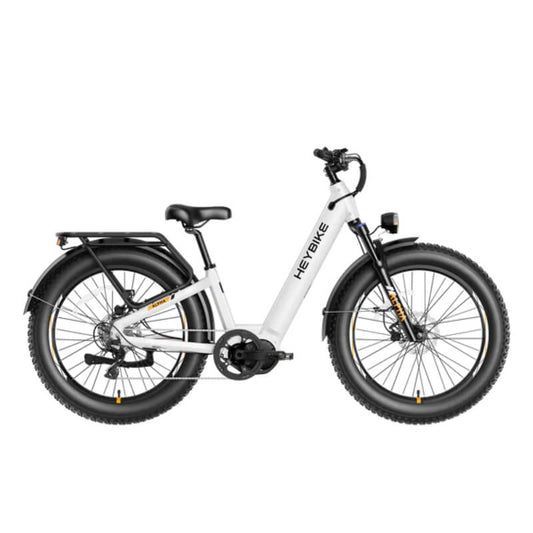 White electric bike with black tires on a white background