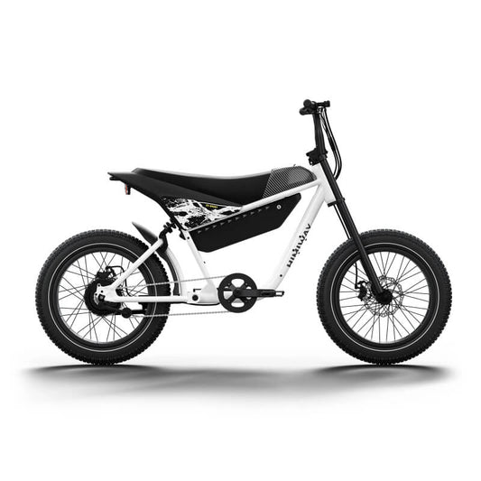 White electric bike with black seat on a white background