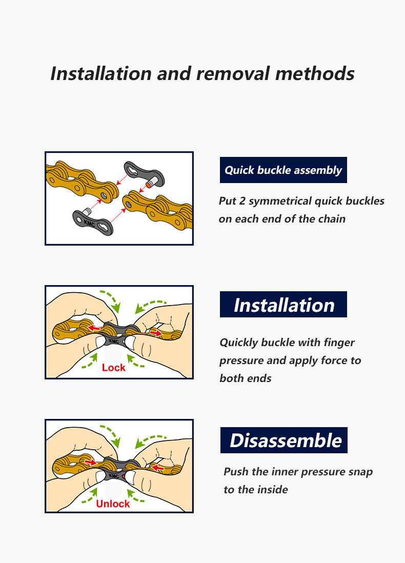 Instructions for quick buckle assembly, installation, and disassembly on a white background.