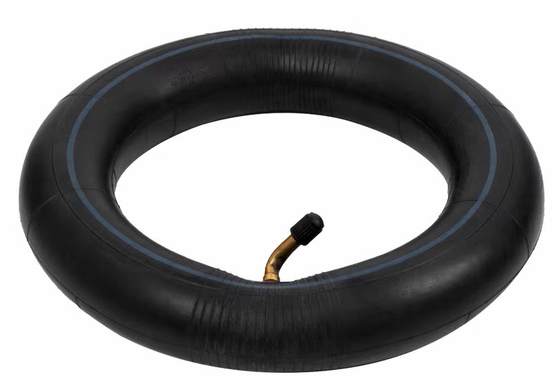 Black inner tube with a valve on a white background