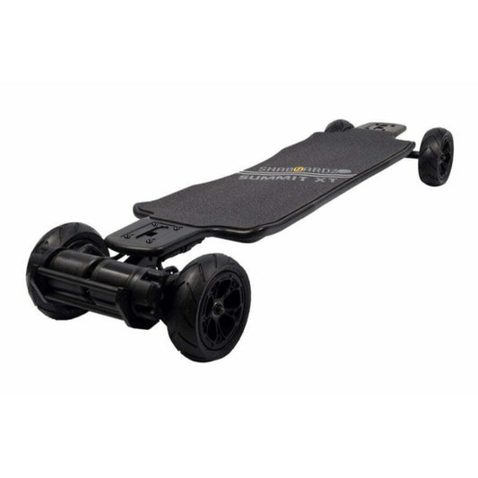 Black electric skateboard with visible branding on a white background