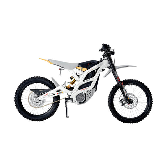 White electric bike with black tires on a white background