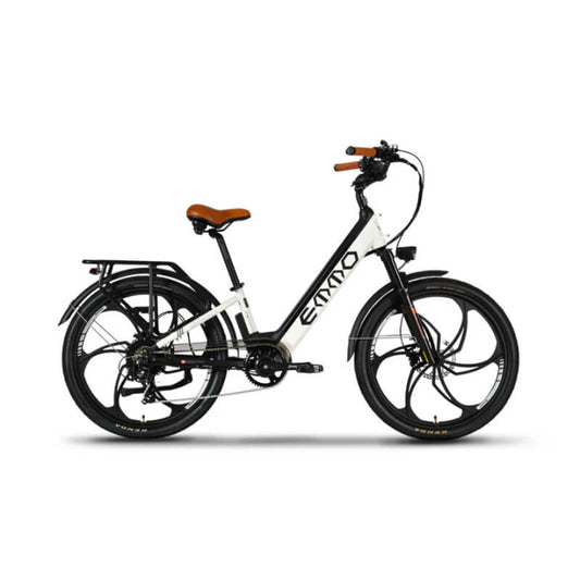Electric bike with 'E-MO' branding on a white background