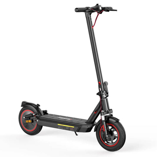 Black electric scooter with red accents on a white background