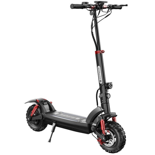 Black electric scooter with red accents on a white background