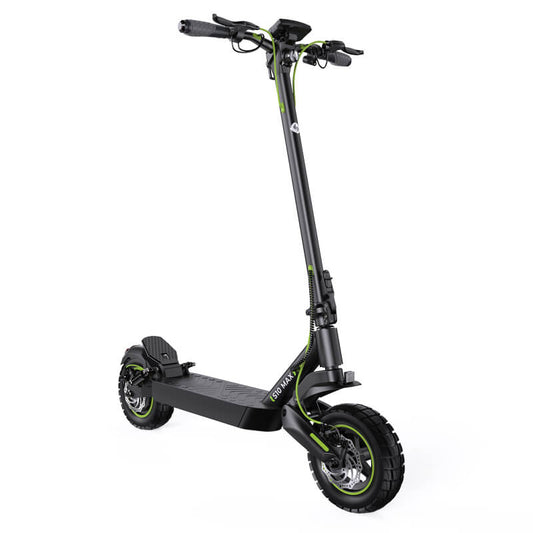 Black electric scooter with green accents on a white background