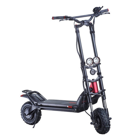Front view of the Kaabo Wolf Warrior 11+ electric scooter, featuring bright dual LED headlights and robust build, perfect for long-range rides
