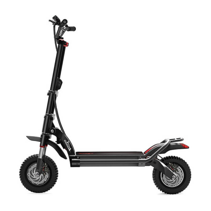Side profile of the Kaabo Wolf Warrior 11+ electric scooter, showing its large off-road tires and dual suspension system for a smooth ride