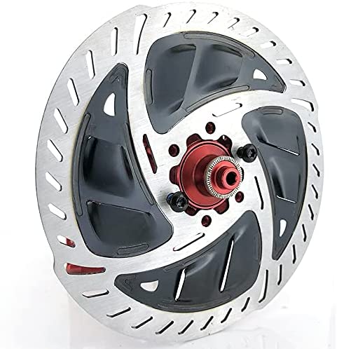 Motorcycle wheel with disc brake and red hub on a white background