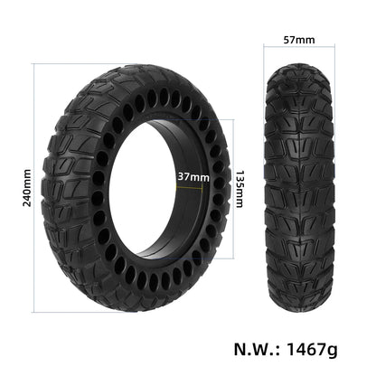 Black tire with measurements and weight displayed on a white background