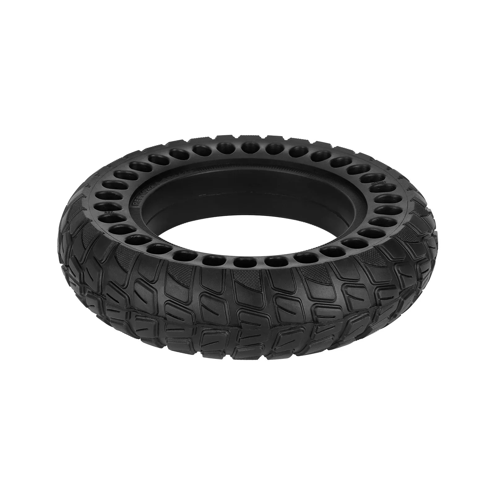 Black tire with unique tread pattern on a white background