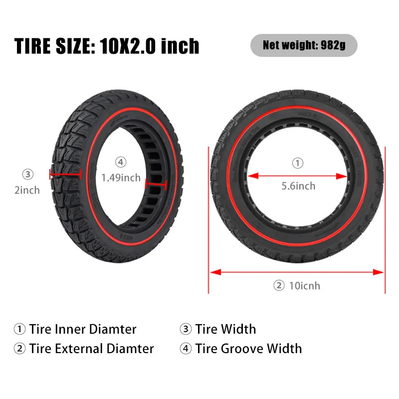Two small tires with measurements on a white background
