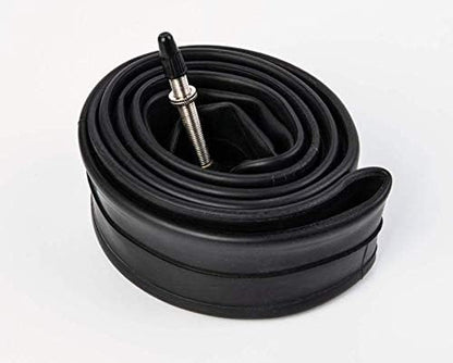 Coiled bicycle inner tube with valve on a white background