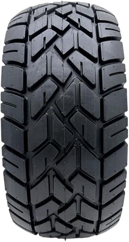 Tire with prominent tread pattern on a white background