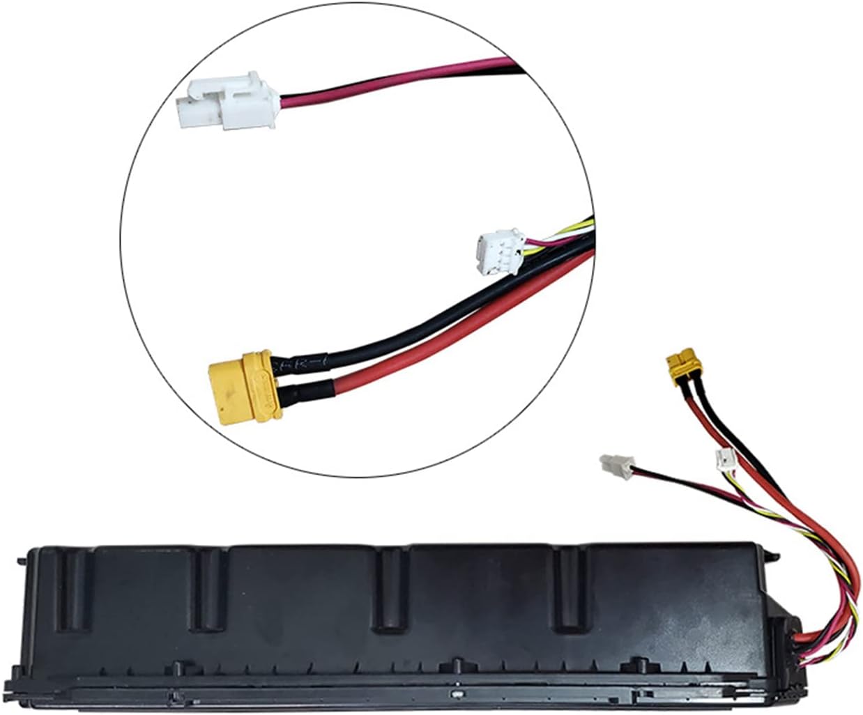 Battery pack with connectors and wiring on a white background