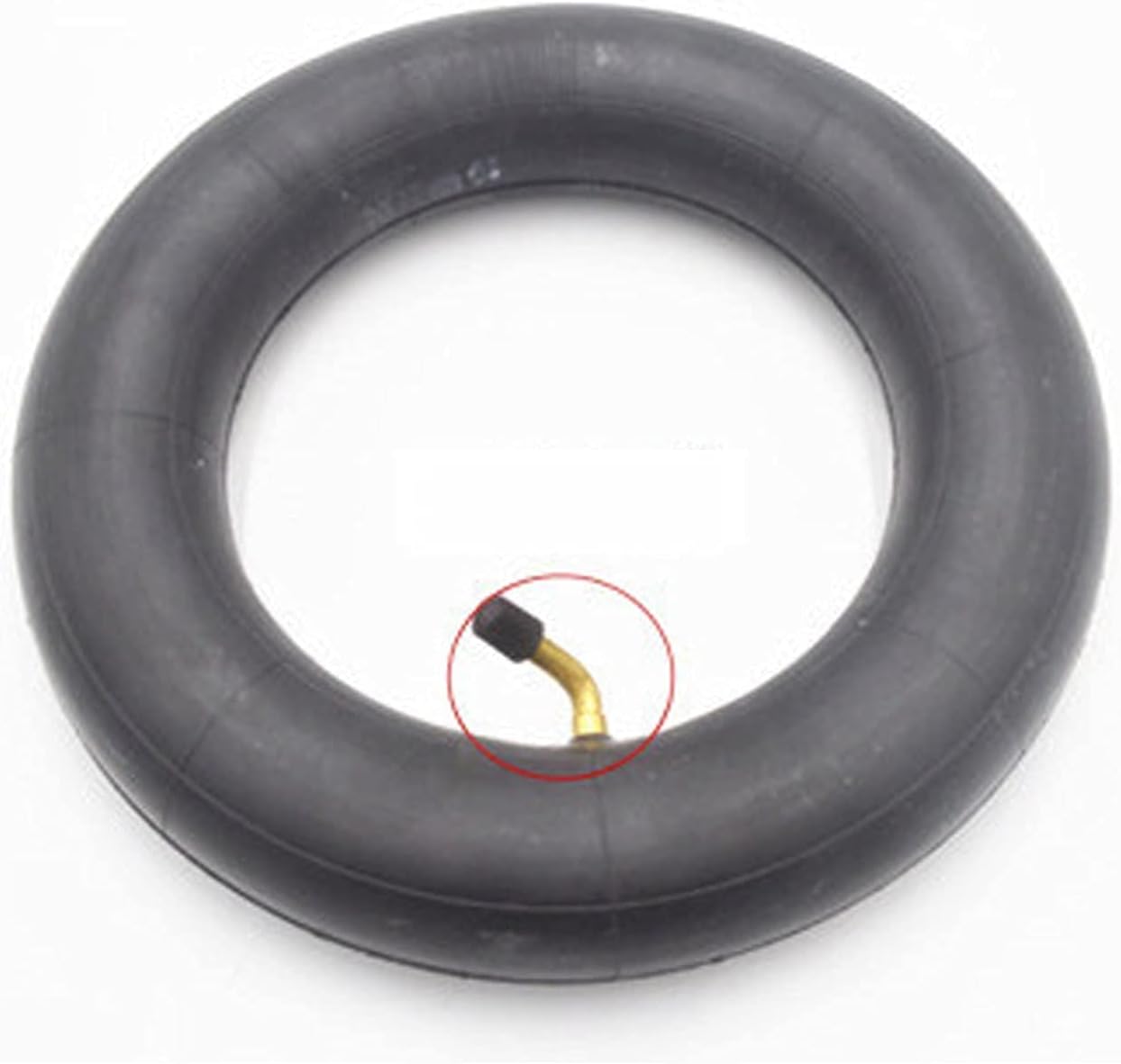 Black inner tube with a gold valve on a white background