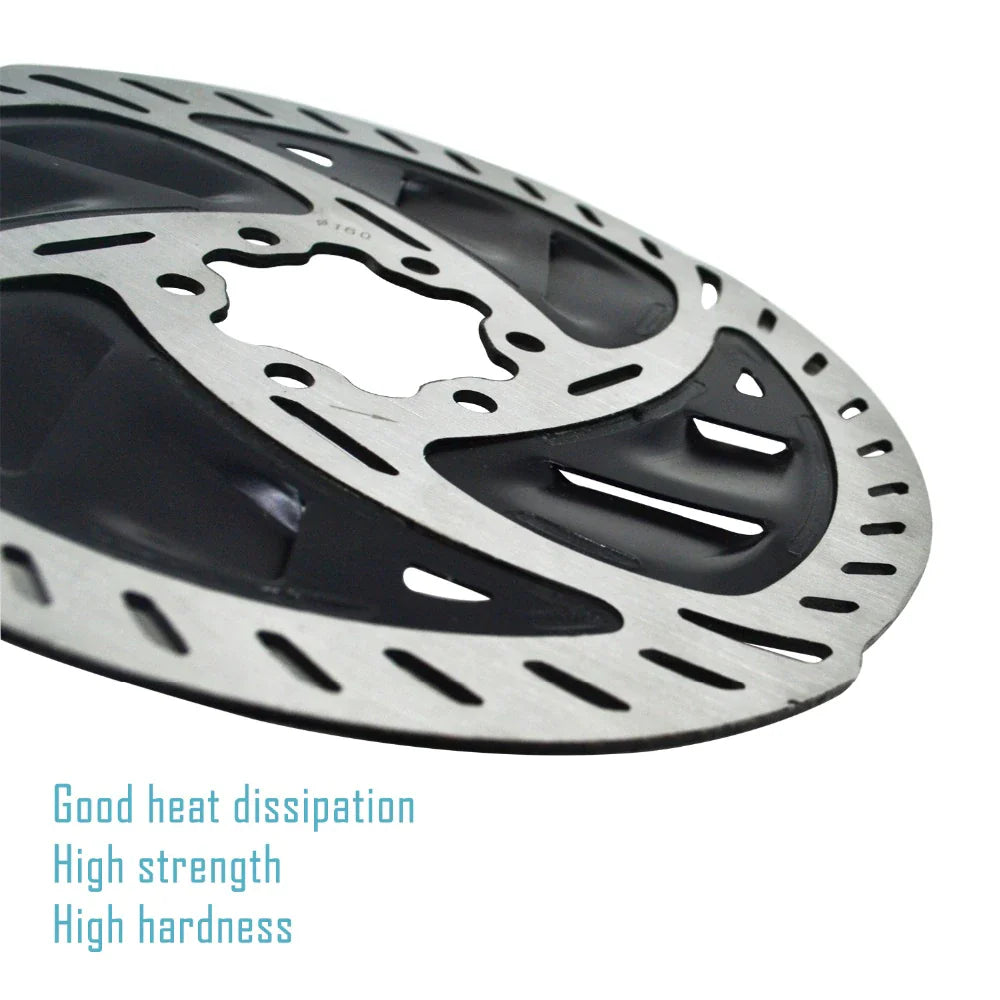 Metallic brake disc with text highlighting its properties on a white background