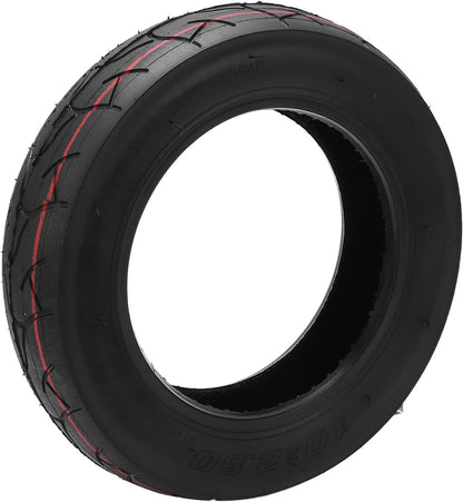 Black tire with red stitching on a white background