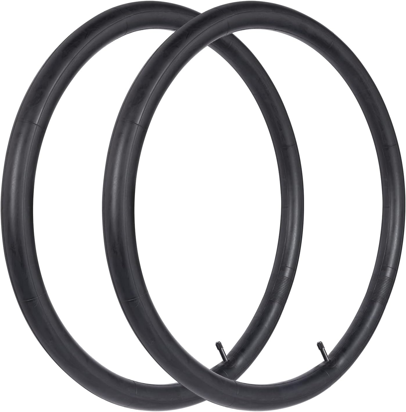 Two black bicycle inner tubes on a white background
