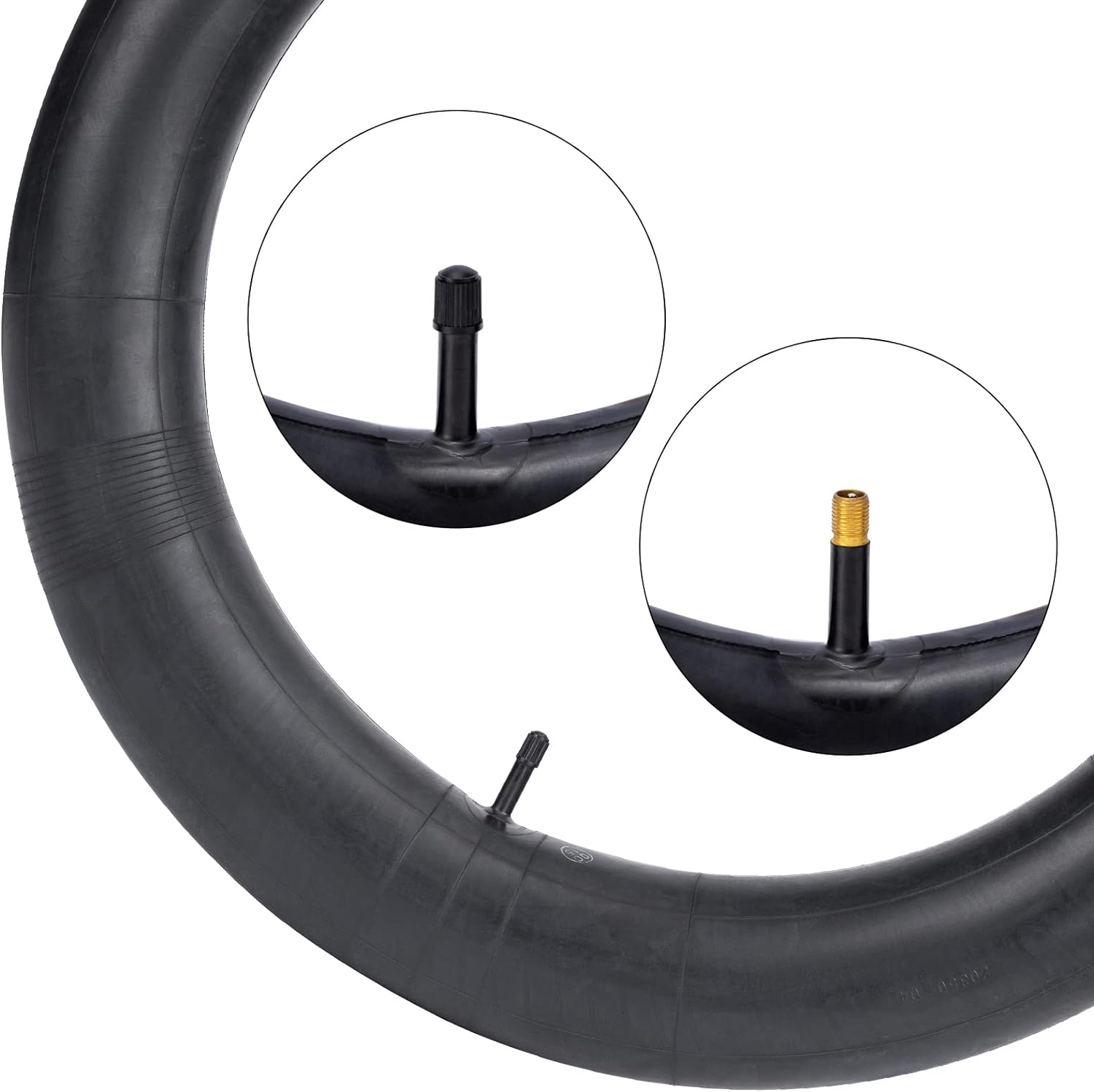 Black bicycle inner tube with valve on a white background