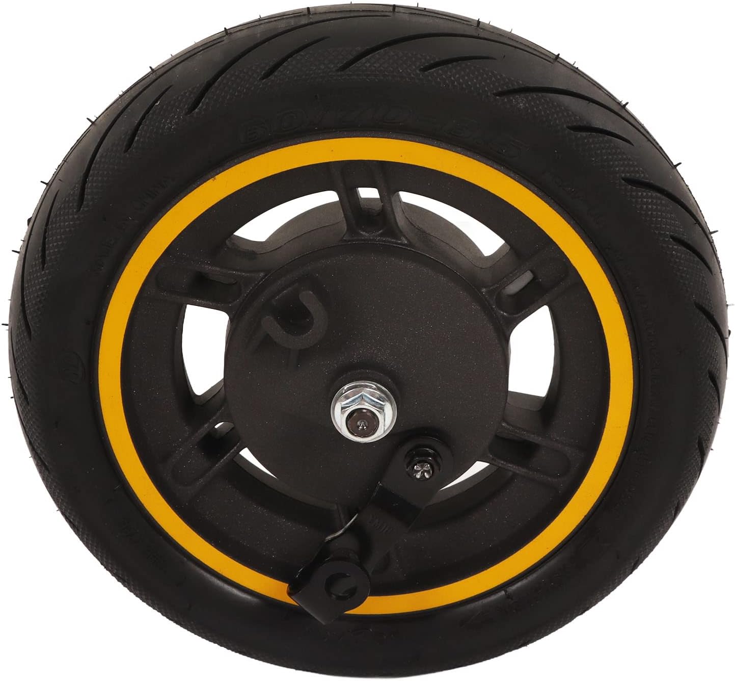 Black wheel with yellow rim on a white background