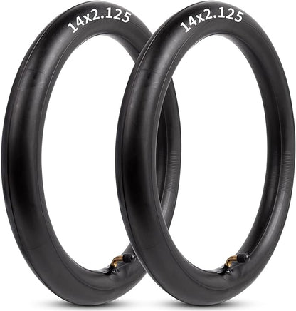 Two black motorcycle tires with size '14x2.125' on a white background