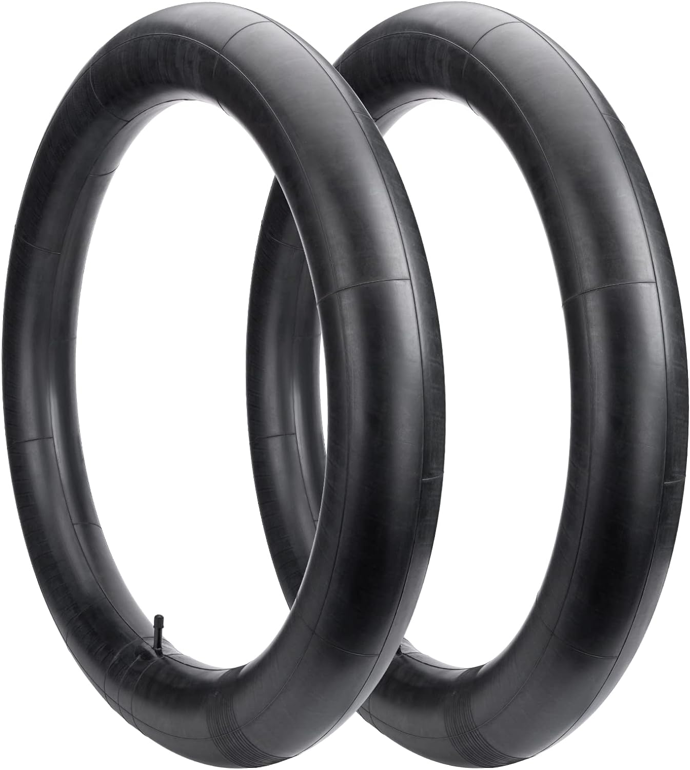 Two black motorcycle tires on a white background