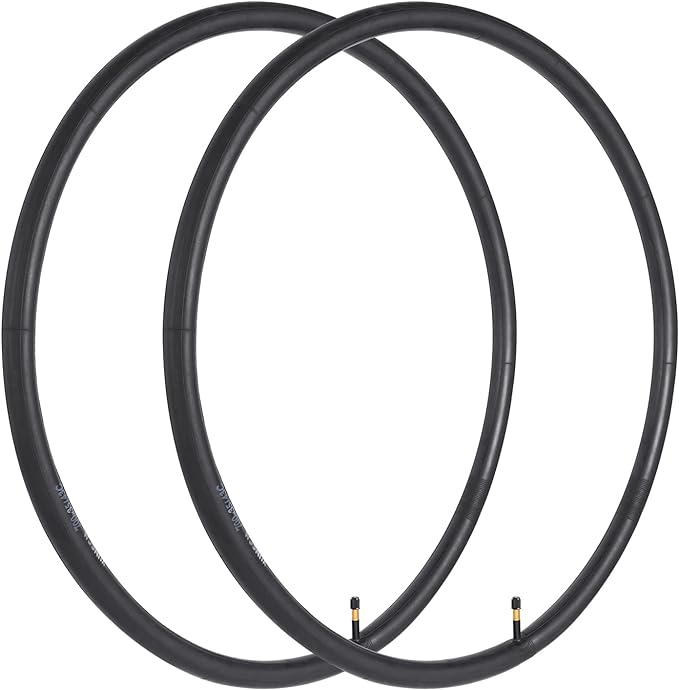 Two black bicycle wheels on a white background