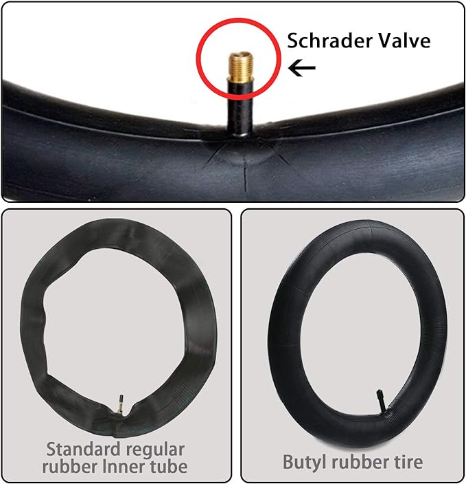 Bicycle tire with Schrader valve, standard rubber inner tube, and butyl rubber tire on a white background.