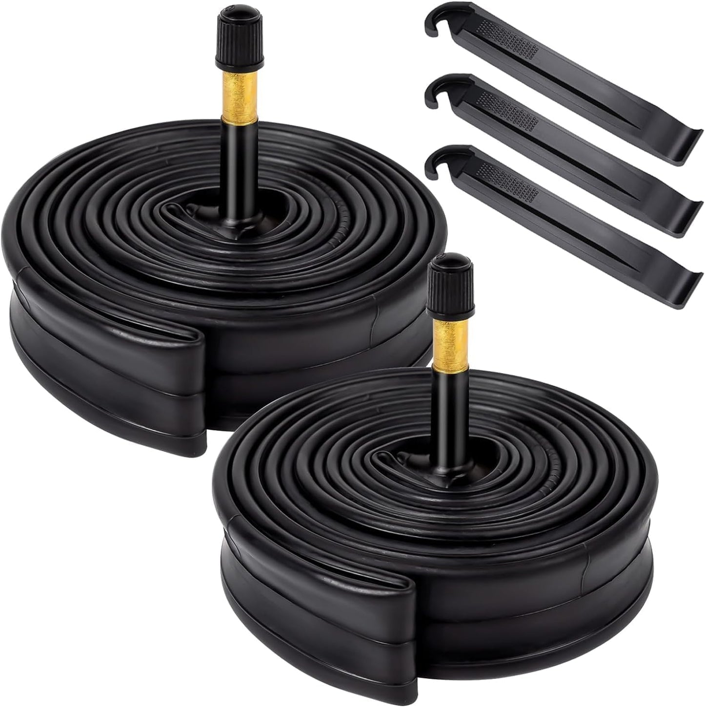 Two bicycle inner tubes with valve stems and four black tire levers on a white background