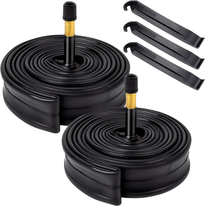 Two bicycle inner tubes with valve stems and four black tire levers on a white background