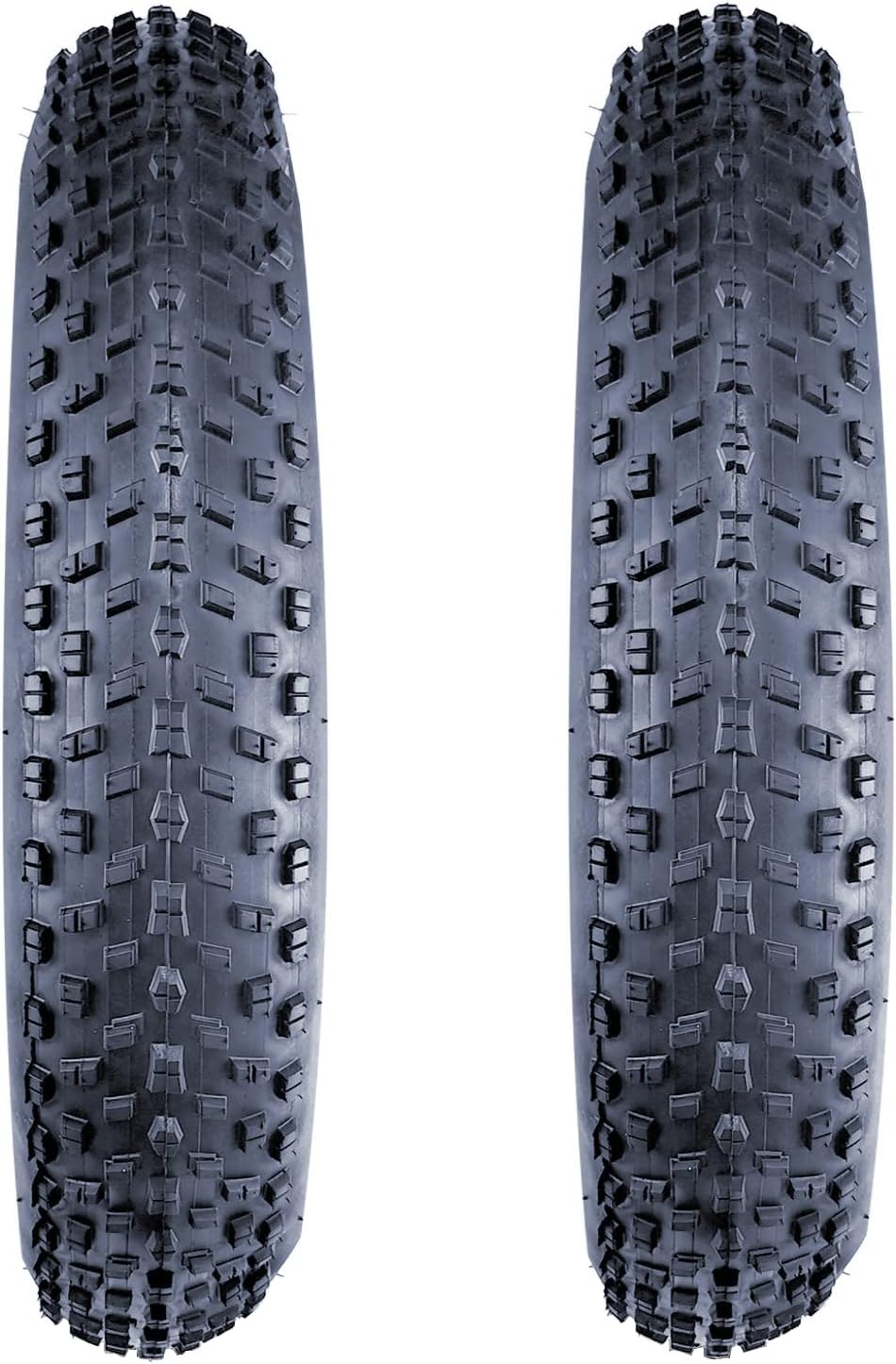 Two off-road tires with tread patterns on a white background