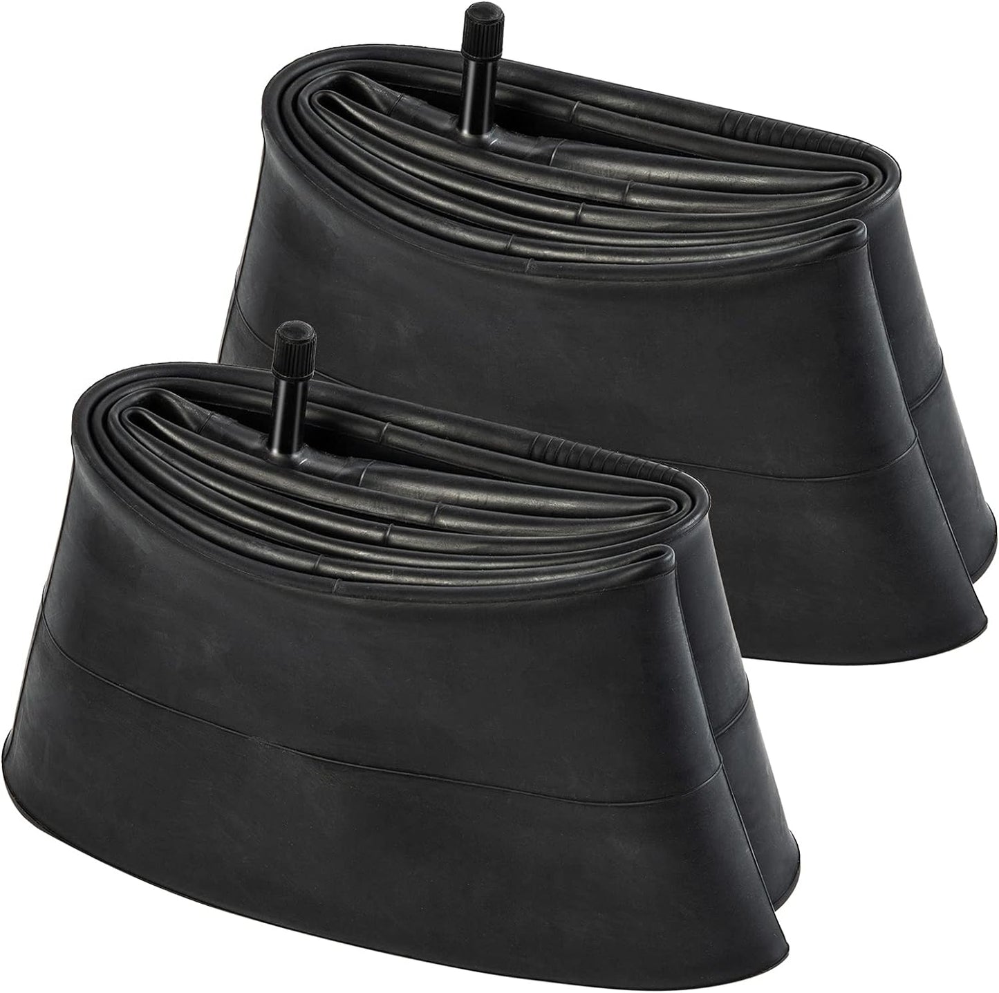 Two black bicycle inner tubes on a white background