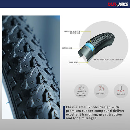 Close-up of a tire with tread pattern andDurando branding, highlighting features.