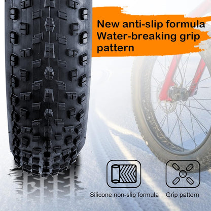 Bicycle tire with anti-slip formula and water-breaking grip pattern on a snowy background