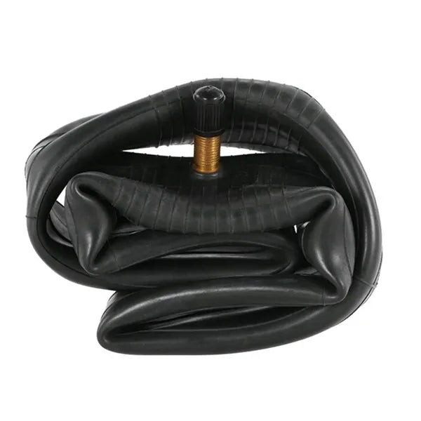 Coiled bicycle inner tube with valve on a white background