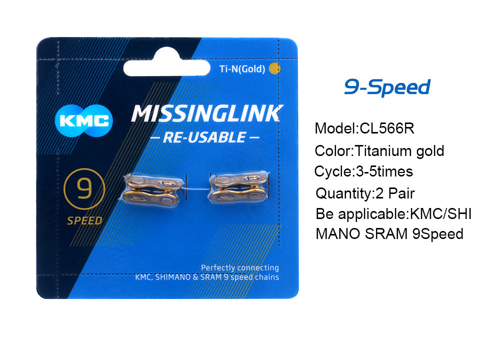 KMC MissingLink 9-Speed chain link replacement on a blue packaging with product details.