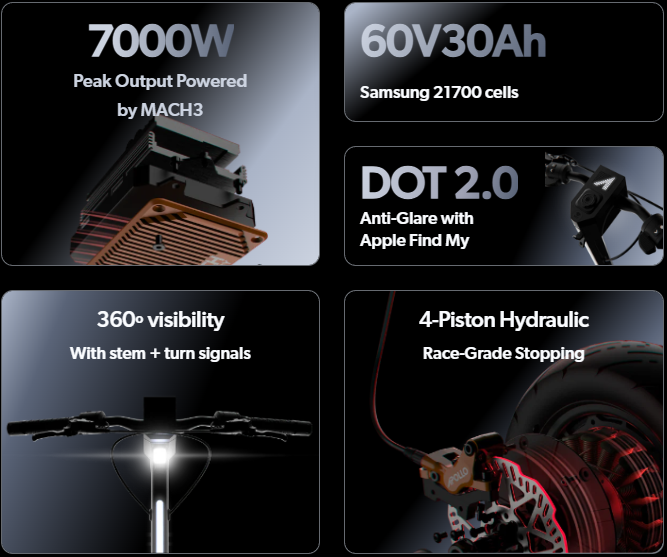 Apollo Phantom 2.0 Stellar (60V) Electric Scooter features including power output, battery specifications, and safety features on a dark background.