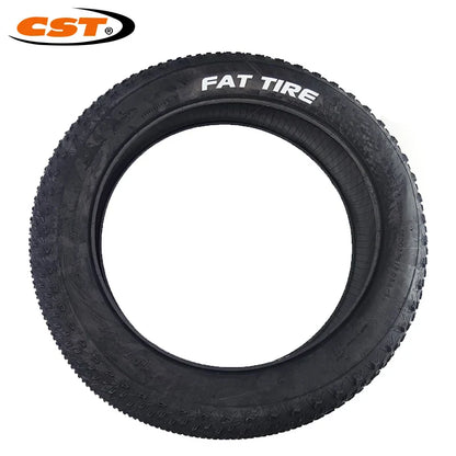 Black fat tire with 'CST' branding on a white background