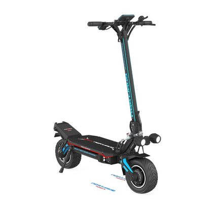 Black electric scooter with blue accents on a white background